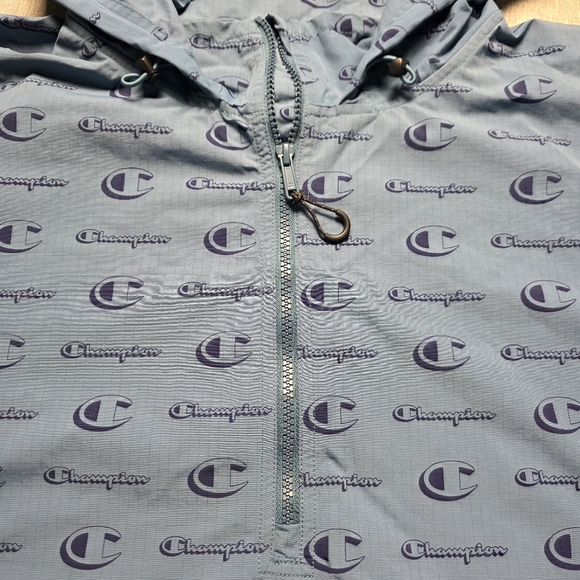 Champion All-Over Logo Print Blue Anorak Windbreaker Jacket Size Men's Large - Picture 3 of 11
